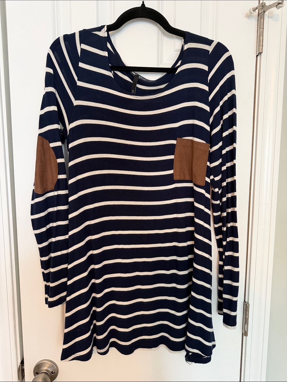 Striped Navy & White Long Sleeve Top with Brown Pocket and Elbow Detail